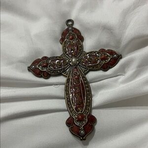 Vintage Metal Cross Pendant Brass tone Embellished burgundy  4.75"